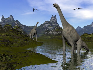 Atlasaurus dinosaurs walking in a landscape by day - 3D render