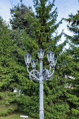 Kostroma. Summer day. Beautiful lanterns on the background of fir trees. Five-beam forged lantern