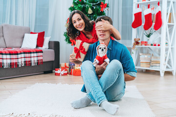Obraz na płótnie Canvas Cute smiling couple celebrating Christmas at home together with their little chihuahua dog dressed as Santa Clause
