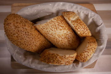 Baguette. Sliced baguette bread. French baguettes in basket in bakery.