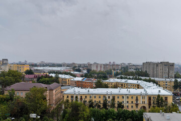 Yaroslavl. Yaroslavl. Foggy rainy morning. Top view of residential buildings and the railway