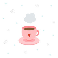 Hot coffee in a pink cup on snowflakes background
