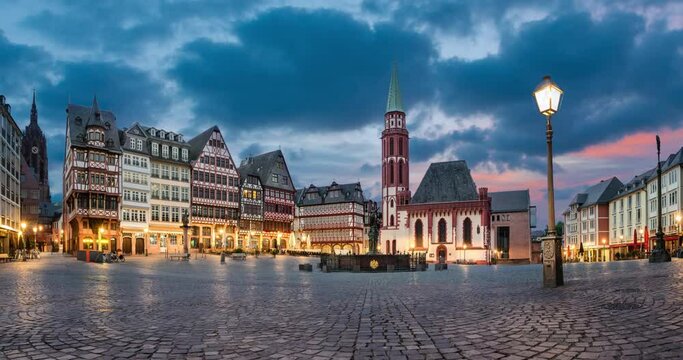 Frankfurt, Germany. Romerberg - historic market square with german timber houses (static image with animated sky)
