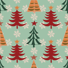 Vector winter Christmas trees and snowflakes seamless pattern background.