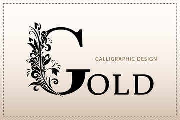 Elegant Simple monogram, letter G. Creative logo. Line art design. Branch with leaves. Vintage Emblem. Drawn Template for Book Design, Restaurant, Wedding, Boutique, Invitation. Vector illustration