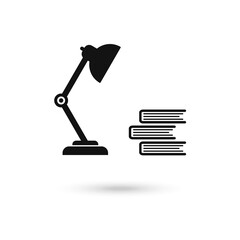 Desk lamp under book solid icon. Home learning workplace, light bulb and books. Education vector design concept on white background