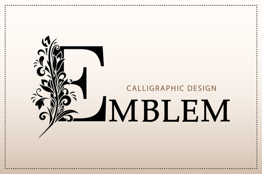 Elegant Simple monogram, letter E. Creative logo. Line art design. Branch with leaves. Vintage Emblem. Drawn Template for Book Design, Restaurant, Wedding, Boutique, Invitation. Vector illustration