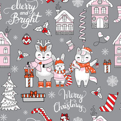 Seamless pattern vector Merry Christmas friends and elements