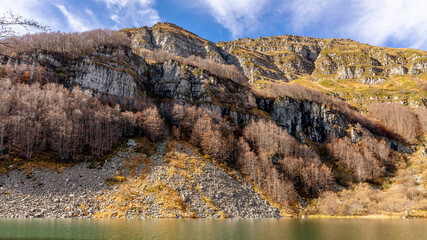Beautiful view of Lake Santo Modenese on a sunny autumn day, Pievepelago, Italy