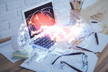Double exposure of desktop with computer and brain drawing hologram. Artificial intelligence concept.