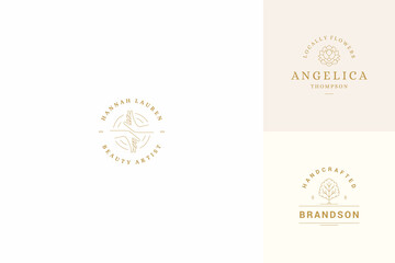 Vector line logos emblems design templates set - female gesture hands and rose illustrations simple minimal linear style