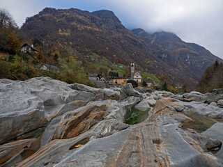 Rocky landscape in the river bed of the Verzasca