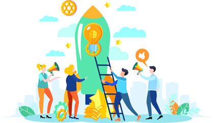 Modern flat design. Missile launch. Teamwork. Launching an idea. Business illustrations. Manage the work process.