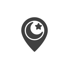 Mosque location pin vector icon. filled flat sign for mobile concept and web design. Map marker with Islamic star glyph icon. Symbol, logo illustration. Vector graphics