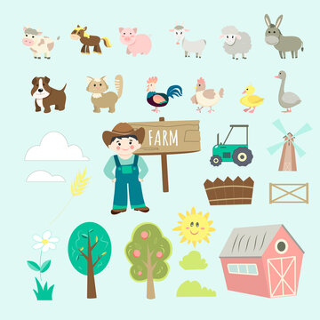 
farm illustrations set, cute animals - cow, pig, horse, goat, donkey, ram, dog, cat, goose, duckling, a hen with rooster, landscape with village barn, hedge, mill, and tractor