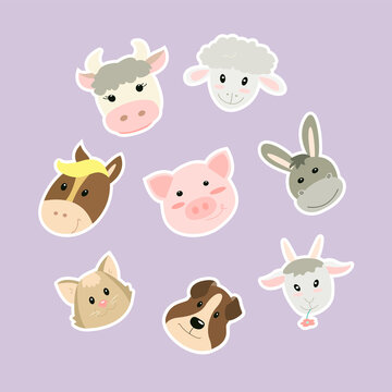 
set of cute stickers featuring farm animals heads, vector illustration in cartoon style, cow, pig, horse, donkey, sheep, goat, dog and cat