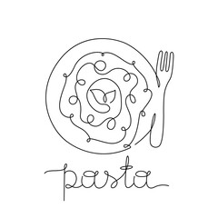 Pasta poster for menu. Stylized plate, fork and freehand lettering. Drawing of italian food with tomato sauce, basil. One continuous line. Black hand drawn vector illustration. Thin linear isolated