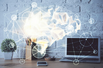 Double exposure of desktop computer and human brain drawing hologram. Ai concept.