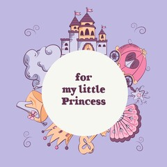 vectors template with a castle, cloud, carriage, shoe, fan, crown, golden key, magic wand. Greeting card for little girls.