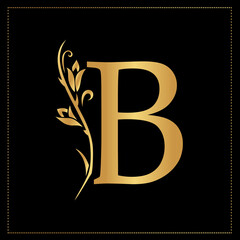 Elegant Simple monogram, letter B. Creative logo. Line art design. Branch with leaves. Vintage Emblem. Drawn Template for Book Design, Restaurant, Wedding, Boutique, Invitation. Vector illustration