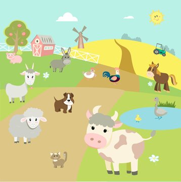 
farm animals on the background of the landscape - cow, horse, sheep, donkey, pig, goat, dog, cat, goose, rooster, chicken. Vector image of nature, tractor, barn, mill and fruit trees