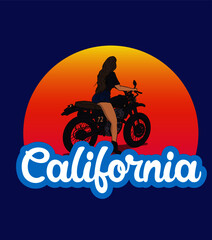 California motorcycle girl sunset vector design