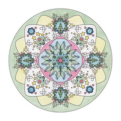 Christmas mandala. Colored with colored pencils. Illustration. Christmas tree, star and heart.