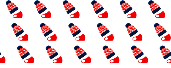 Seamless pattern. Blue-red winter bobble hat, ski or knit hat with deer and red anti virus protection mask isolated on a white background. New Year and Christmas concept. COVID-19