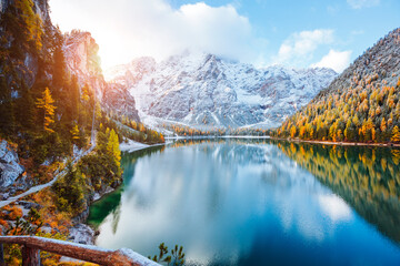 Perfect scenery of famous alpine lake Braies (Pragser Wildsee). Location Dolomiti Alps, Italy,...