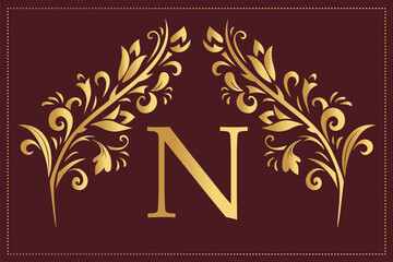 Elegant Simple monogram, letter N. Creative logo. Line art design. Branch with leaves. Vintage Emblem. Drawn Template for Book Design, Restaurant, Wedding, Boutique, Invitation. Vector illustration