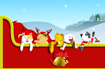 Christmas cats with accessories are riding during the winter by Santa cart. Vector illustration.