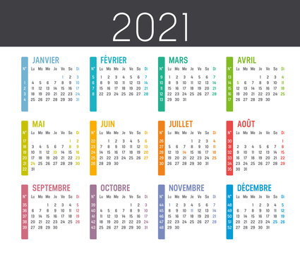 Calendrier Agenda 2021 couleur, avec numéros de semaine