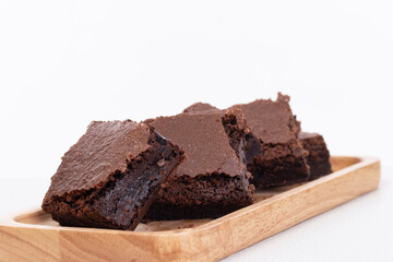 Tasty homemade piece chocolate cake on white background