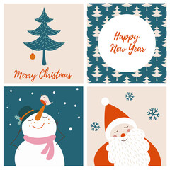 Set of bright Christmas cards. Christmas character design. Snowman. Santa Claus.