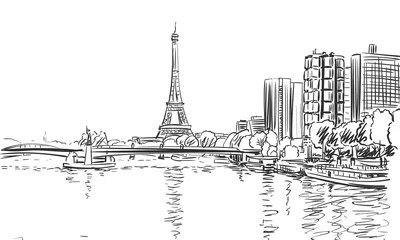 Schilderijen op glas Eiffel Tower and river Seine cityscape vector sketch, landmark of Paris, Hand drawn illustration black and white © art_of_line