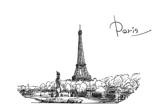 Eiffel Tower vector sketch, Hand drawn illustration black ink, landmark of Paris, France