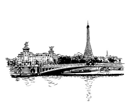 Paris cityscape. Eiffel tower, bridge Alexandre III and river Seine Vector sketch, landmark of Paris, Hand drawn illustration black and white