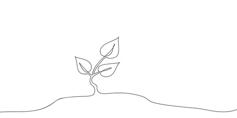 Continuous one line drawing of growing small tree sprout, Plant leaves grow seedling eco natural farm concept design. Minimalist contour vector illustration made of single thin line black and white