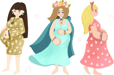 Set of cute pregnant girls, cartoon illustration of pregnant isolated. pregnant women in dresses, waiting for a miracle, vector cartoon illustration
