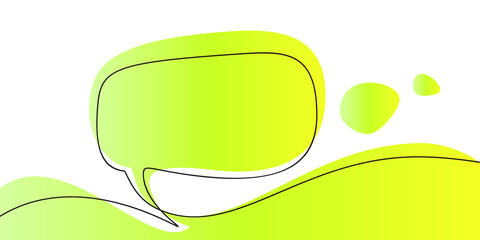 Continuous one line drawing of speech bubble on bright fresh green gradient abstract shape, Vector minimalist linear illustration made of single line banner note template