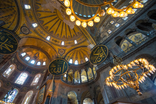 ISTANBUL TURKEY: April 08, 2019: The Hagia Sophia (also called Hagia Sofia or Ayasofya) interior architecture, famous Byzantine landmark and world wonder