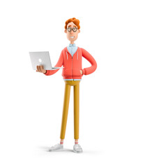 3d illustration. Nerd Larry stand with laptop.