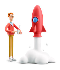 3d illustration. Nerd Larry launches a rocket. Innovation and Startup Concept.