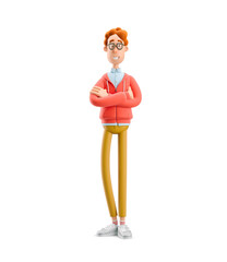 3d illustration. Nerd Larry standing with hands crossed.