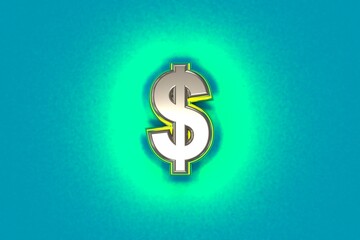 Silver metal font with yellow outline and green noisy backlight - dollar - peso sign isolated on teal background, 3D illustration of symbols