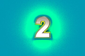 Silver metallic font with yellow outline and green noisy backlight - number 2 isolated on teal background, 3D illustration of symbols