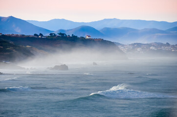 Atlantic ocean, Biarritz, France with the Pyrenees mountains in the background
