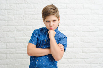 boy 9-10 years old in a blue shirt on a light background, the emotion of resentment