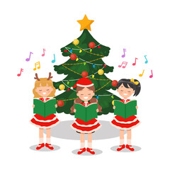 Group of children singing Christmas carol in front of decorated Christmas tree. Flat vector cartoon character isolated on white.
