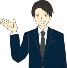 片手を上げて案内をしているスーツ姿のビジネスマン